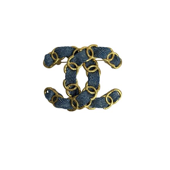 Chanel CC Denim Gold-Tone Chain Detail Brooch - Picture 1 of 6